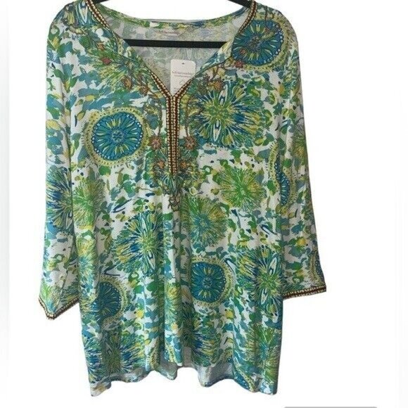 NWT Soft Surroundings Blue Green 3/4 Sleeve V Neck Beaded Tunic XL Boho Fairy - Picture 1 of 6